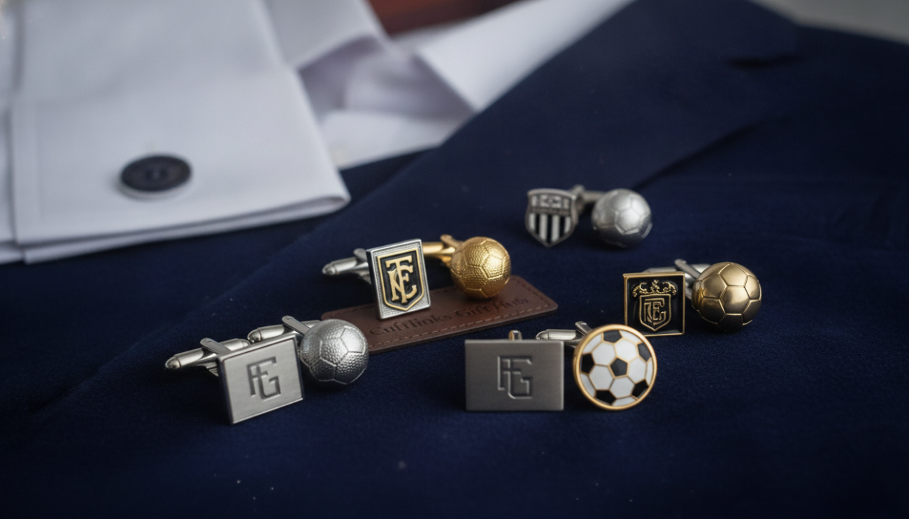 A sophisticated and stylish flat lay image featuring various premium football cufflinks displayed on a plush, dark velvet surface. The cufflinks should be intricately designed, showcasing a mix of classic football motifs, such as miniature footballs and team logos, in brushed silver and gold finishes. In the background, a crisp white dress shirt and a sleek navy blazer hint at formal attire, conveying elegance. Soft, diffused lighting illuminates the scene, casting gentle shadows to enhance texture. A subtle bokeh effect is applied to the background to maintain focus on the cufflinks. The brand "Cufflinks Gift Hub" should be subtly integrated into the image's design elements. The mood should evoke a sense of refined sophistication and careful selection.