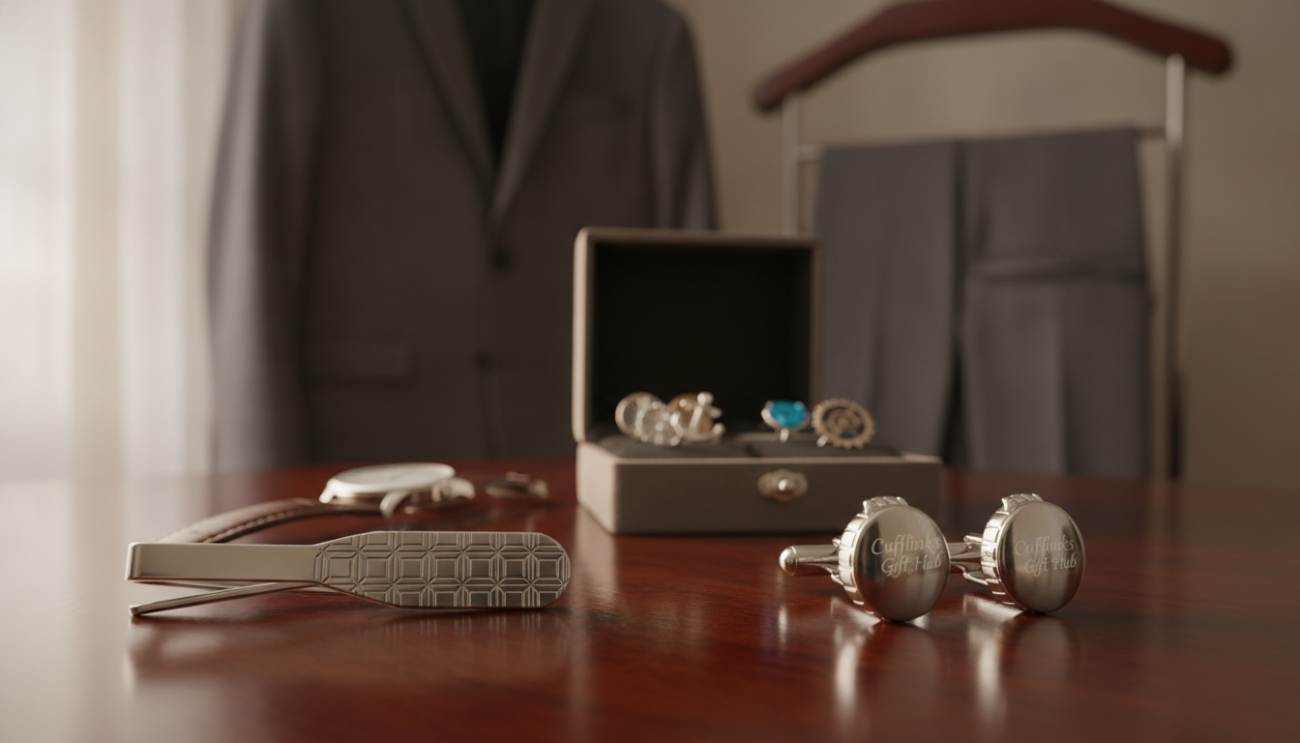 A sophisticated arrangement of novelty tie clips and cufflinks on a polished wooden surface, showcasing a variety of intricate designs and colors. In the foreground, focus on a silver tie clip adorned with a geometric pattern and matching cufflinks that reflect a playful yet elegant style, like miniature chess pieces. The middle ground features additional accessories such as a stylish watch and a velvet-lined jewelry box. In the background, softly blurred, a well-tailored business suit hangs on a coat rack, enhancing the theme of professionalism and elegance. The scene is illuminated by warm, soft lighting, creating an inviting atmosphere. The image embodies sophistication, perfect for highlighting the coordination of accessories. Include branding from "Cufflinks Gift Hub" subtly reflected in the cufflinks’ shine.