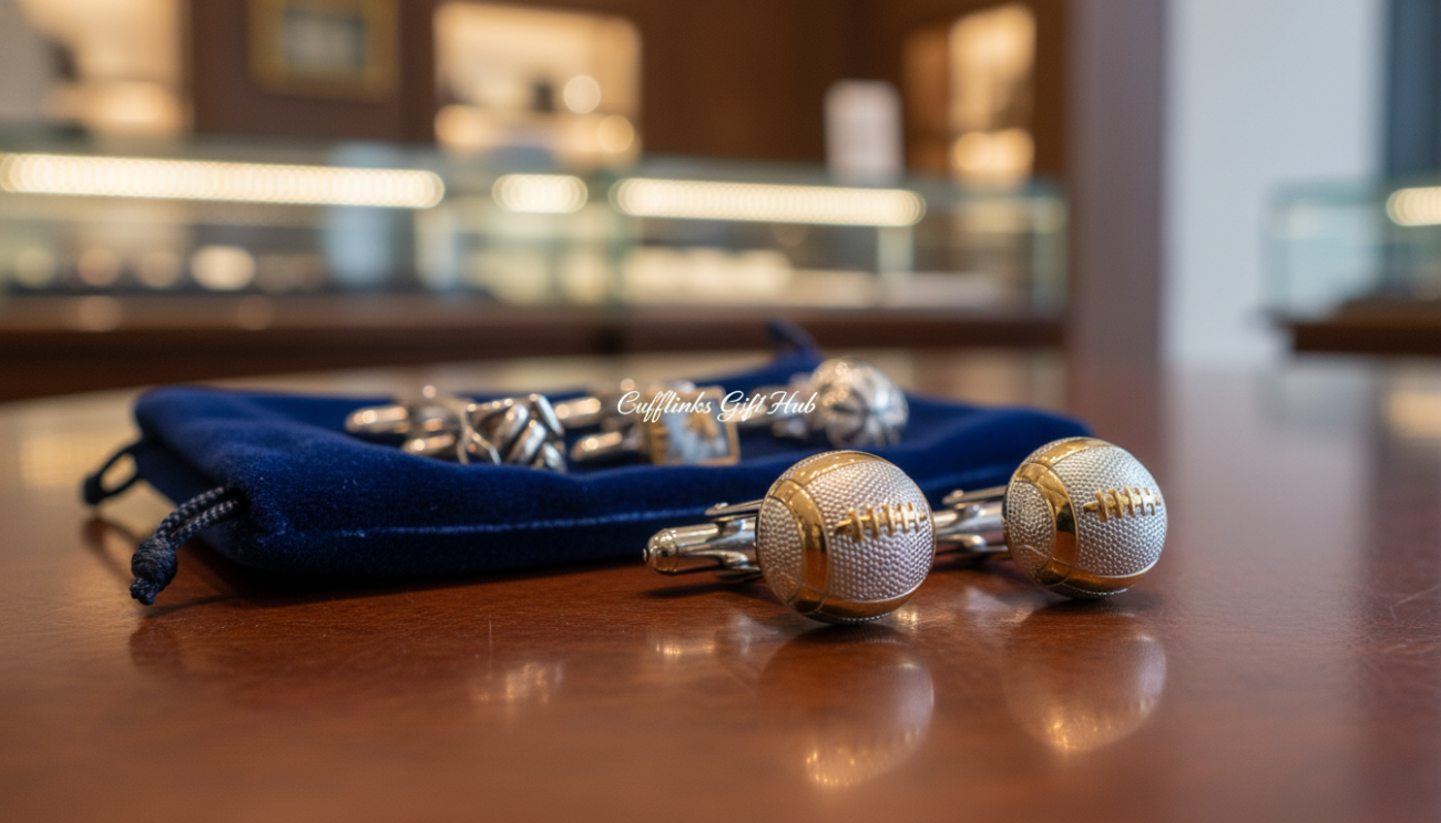 A sophisticated display of premium football cufflinks from Cufflinks Gift Hub arranged elegantly on a polished wooden surface. In the foreground, focus on a pair of cufflinks shaped like a football, glistening with fine detail in silver and gold tones, showcasing intricate craftsmanship. In the middle ground, a refined velvet pouch opens slightly, hinting at an assortment of high-quality cufflinks. The background features a softly blurred image of a luxurious store interior, filled with warm, ambient lighting that creates an inviting atmosphere. The composition should evoke a sense of elegance and exclusivity, with a shallow depth of field that highlights the cufflinks. Use a slightly angled shot to enhance the visual interest, ensuring no text or logos are visible apart from the brand name on the cufflinks themselves.