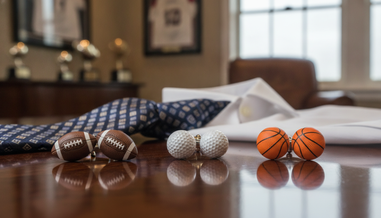 A sophisticated display of sports cufflinks on a polished wooden surface. In the foreground, three pairs of cufflinks, each representing different sports: a football, a golf ball, and a basketball, are elegantly arranged. The cufflinks glisten under soft, natural lighting, highlighting their intricate designs and vibrant colors. In the middle ground, a stylishly folded silk tie and a classic dress shirt are partially visible, suggesting a refined outfit. The background features a blurred, luxurious office environment with subtle hints of trophies and sports memorabilia, adding a touch of elegance and athleticism. The overall mood is classy and confident, inviting the viewer to consider how these cufflinks can elevate their style. The composition is shot from a slightly elevated angle, providing a comprehensive view of the cufflinks while maintaining focus on their details.