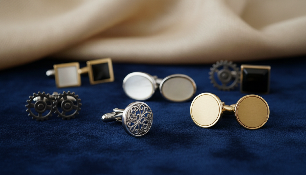 A sophisticated flat lay image featuring premium cufflinks, focusing on a variety of styles and sizes. In the foreground, a shiny silver cufflink with intricate detailing is prominently displayed alongside a classic gold pair. The middle ground showcases additional cufflinks in various shapes, like oval and square, neatly arranged on a soft velvet surface. The background should be a subtle textured fabric, adding elegance without distraction. Soft, diffused lighting illuminates the scene, highlighting the craftsmanship and fine materials of the cufflinks. The atmosphere is refined and professional, conveying a sense of luxury and attention to detail, perfect for sizing and fit guidelines. The image should evoke trust and sophistication, suitable for a high-end article context.