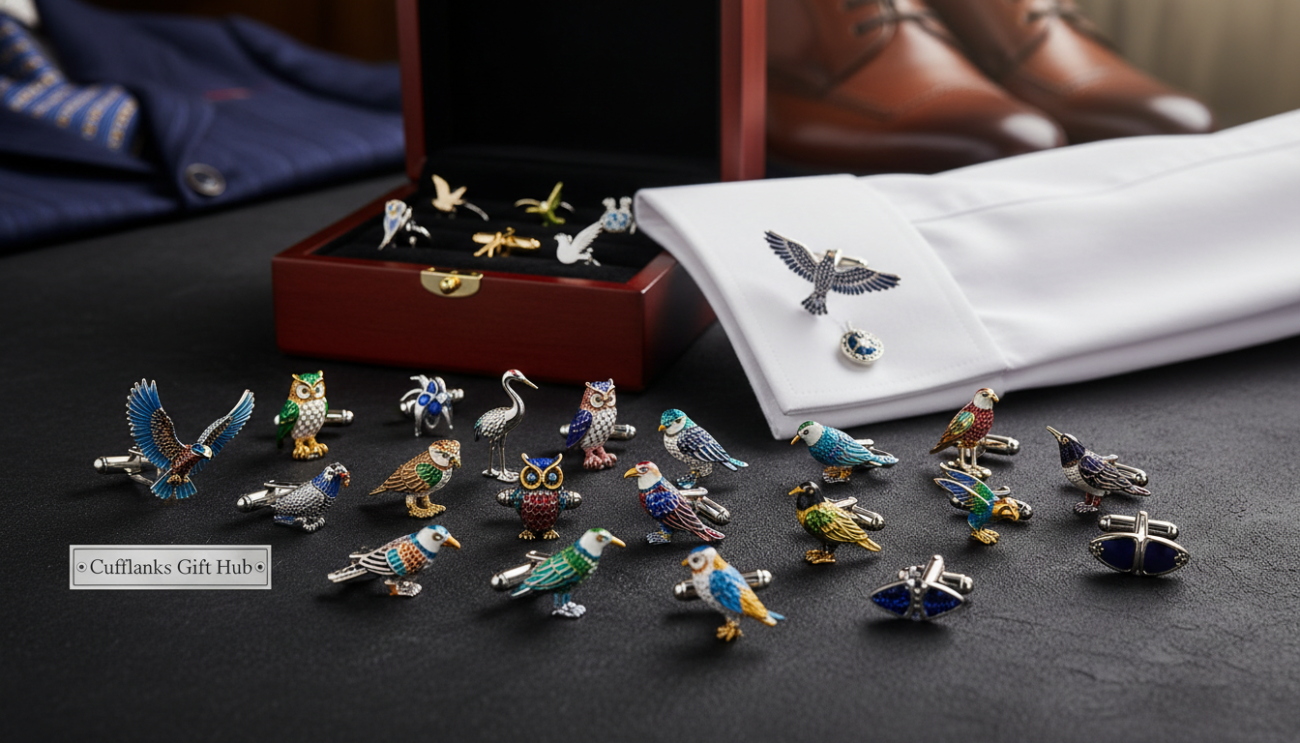 A sophisticated flat lay of various styles of men's bird cufflinks from "Cufflinks Gift Hub", showcasing a selection that exudes elegance and confidence. In the foreground, prominently display an array of intricately designed cufflinks featuring colorful bird motifs, crafted from high-quality materials like silver, enamel, and gemstones. The middle ground should include a polished wooden box partially open, revealing more cufflinks, while a classic white shirt cuff adorned with a cufflink is delicately placed beside it. The background features a soft, blurred texture of a stylish men's wardrobe, highlighting a refined atmosphere. Utilize soft, diffused lighting to create a warm and inviting mood, with a slight overhead angle to capture the details and richness of the accessories, while ensuring a clean and professional presentation.