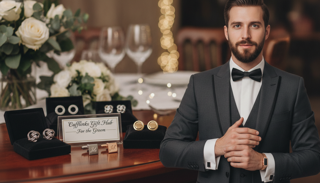 A sophisticated showcase of premium wedding cufflinks designed for grooms, prominently featuring the brand "Cufflinks Gift Hub." In the foreground, a polished wooden surface displays a variety of cufflink designs, including elegant silver knots, classic gold studs, and unique personalized options. The middle ground features a stylish groom in a tailored dark suit with a crisp white shirt, showcasing the cufflinks elegantly attached, exuding refinement and class. In the background, softly blurred, there are hints of wedding decor, like floral arrangements and elegant table settings, creating a celebratory atmosphere. The lighting is warm and inviting, with a soft focus effect to emphasize the craftsmanship of the cufflinks. Capture the essence of luxury and attention to detail, creating a mood of sophistication and elegance suitable for a wedding.