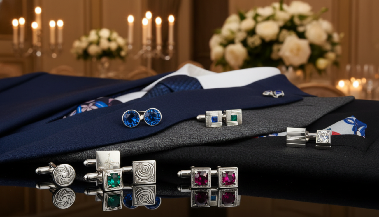 A stunning display of elegant wedding cufflinks designed for groomsmen. In the foreground, showcase a variety of cufflinks, each crafted from polished silver and adorned with intricate details, such as subtle engravings and colored gemstones. In the middle, arrange the cufflinks alongside tailored suits of different colors like navy blue, charcoal gray, and classic black, emphasizing how they coordinate harmoniously. In the background, softly blurred, feature a refined wedding venue setting with elegant floral arrangements and ambient candlelight, creating a romantic atmosphere. The lighting should be warm and inviting, highlighting the shine of the cufflinks and suits, captured from a slightly angled perspective to emphasize depth. The overall mood conveys sophistication and timeless elegance, perfect for a formal wedding occasion.