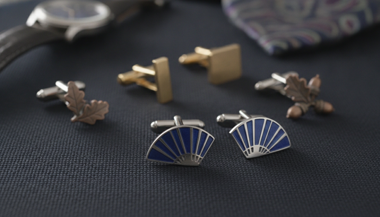 A stylish arrangement of elegant cufflinks for men, showcasing various designs inspired by international trends. In the foreground, feature a pair of intricately designed cufflinks with art deco patterns in polished silver and deep blue enamel. The middle area displays additional cufflinks, including those with sleek geometric shapes and nature-inspired motifs, all neatly organized on a dark, textured fabric. The background includes subtle hints of a luxury watch and a sophisticated tie, enhancing the refined atmosphere. The scene is illuminated with soft, diffused lighting that casts gentle shadows, evoking a sense of elegance and sophistication. The angle is slightly above, allowing for detailed visibility of the cufflinks, creating a mood of upscale fashion and craftsmanship.