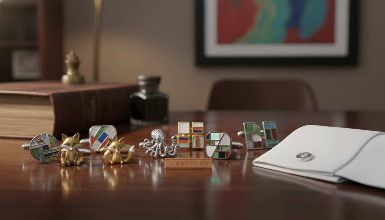 A stylish arrangement of novelty cufflinks from "Cufflinks Gift Hub" elegantly displayed on a polished wooden surface. The cufflinks feature unique designs, including quirky animal shapes and vibrant colors, showcasing both sophistication and playfulness. In the foreground, a classic white shirt with buttoned cuffs is partially visible, hinting at their practical use. The middle ground features an upscale, softly lit environment with blurred details of an elegant office setting, enhancing the refined atmosphere. Soft, warm lighting highlights the textures and intricate details of the cufflinks, creating a sense of luxury and confidence. The image conveys an inviting mood, perfect for individuals looking to express their personality through fashionable accessories.