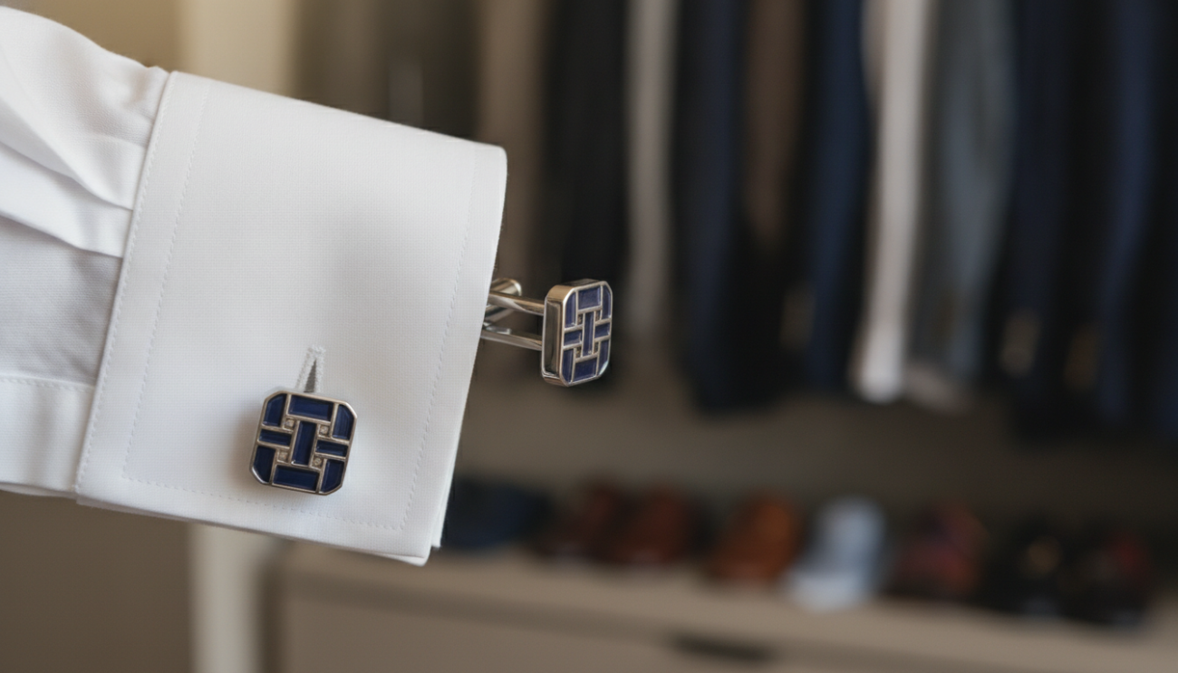 A stylish close-up shot of elegant cufflinks resting gracefully on the cuff of a crisp white dress shirt, showcasing intricate designs with a unique blend of silver and dark blue. The background features a blurred, sophisticated wardrobe, hinting at luxury styles and personal flair. Soft, diffused natural sunlight filters in from the left, creating gentle highlights on the metallic surfaces and enhancing the fabric texture of the shirt. The composition is shot at a slight angle to emphasize the cufflinks' shine and craftsmanship, evoking a sense of refined personal style and sophistication. The overall atmosphere is classy and timeless, perfect for a discerning audience that appreciates the nuances of style essentials.