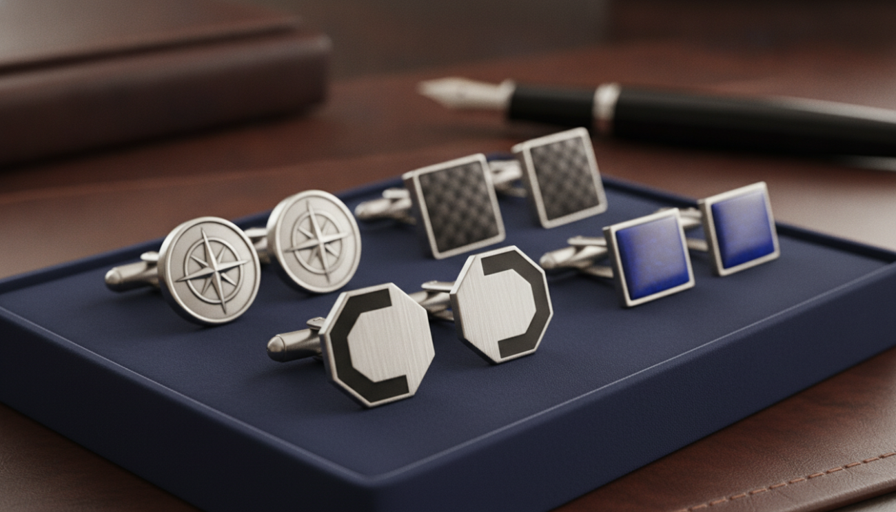 A stylish collection of modern cufflinks displayed prominently on a velvet-lined jewelry box, set against a soft-focus background of an elegant, wooden desk. The cufflinks showcase popular trends in fashion, featuring geometric designs, classic motifs, and unique materials like brushed metal and enamel. In the foreground, a pair of cufflinks glistens under warm, diffused light, emphasizing their craftsmanship and detailing. The middle section reveals several other trendy cufflinks arranged in an aesthetically pleasing manner. The atmosphere is sophisticated yet inviting, perfect for Father's Day gifting. Use a shallow depth of field to focus on the cufflinks, allowing the warm lighting to create a sense of luxury and style without any people or text in the image.