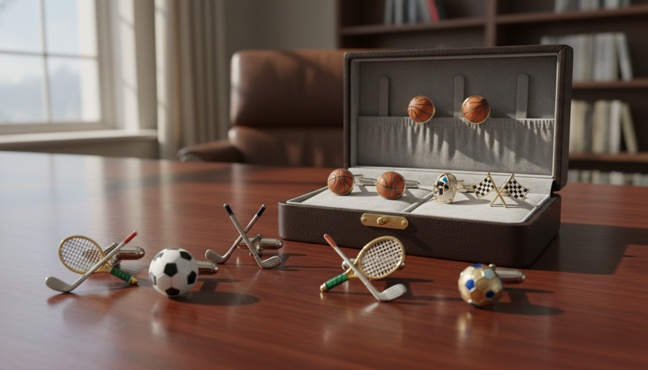 A stylish collection of sports cufflinks displayed elegantly on a polished wooden surface. In the foreground, showcase various shapes such as soccer balls, golf clubs, and tennis rackets, intricately designed with metallic finishes and vibrant colors. In the middle, arrange an open, sophisticated jewelry box highlighting a few selected cufflinks in a neat layout, enhancing their luxurious appeal. The background features a softly blurred office setting with natural light streaming through a nearby window, creating an atmosphere of professionalism and elegance. The focus should be sharp on the cufflinks, capturing their details while ensuring a warm, inviting mood that reflects confidence and style. The angle is slightly overhead, offering a clear view of the cufflinks as the centerpiece of the image.