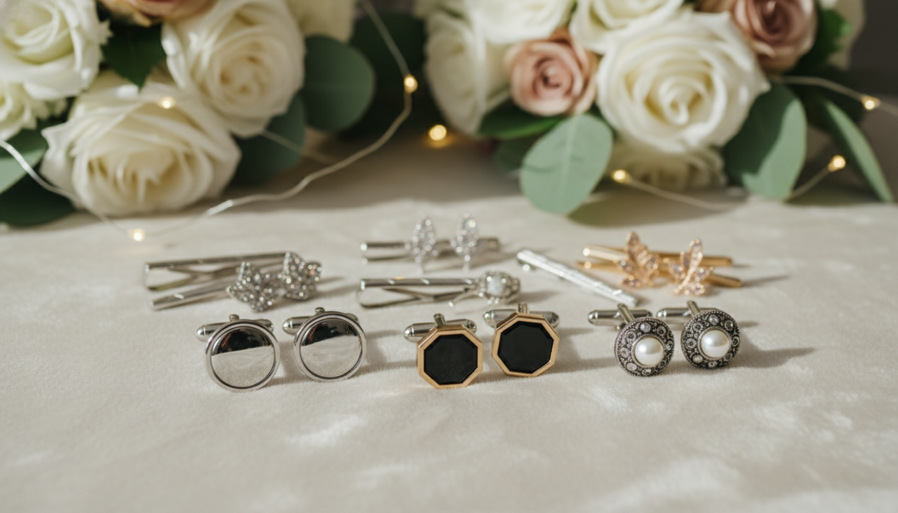A stylish collection of wedding cufflinks displayed elegantly on a softly textured fabric backdrop. The foreground features an array of meticulously crafted cufflinks in various designs: classic silver, modern geometric shapes, and intricate vintage styles. The middle layer includes a tasteful arrangement of matching tie clips and lapel pins, complementing the cufflinks. In the background, blurred elements of an elegant wedding setup, such as soft floral arrangements and subtle twinkling fairy lights, create a romantic atmosphere. Soft, natural lighting highlights the glimmering metal and rich colors, enhancing the sophisticated feel of the accessories. The angle is slightly overhead, allowing viewers to appreciate the detail and craftsmanship of each piece. The mood is elegant, refined, and aspirational, perfect for a feature on wedding attire.