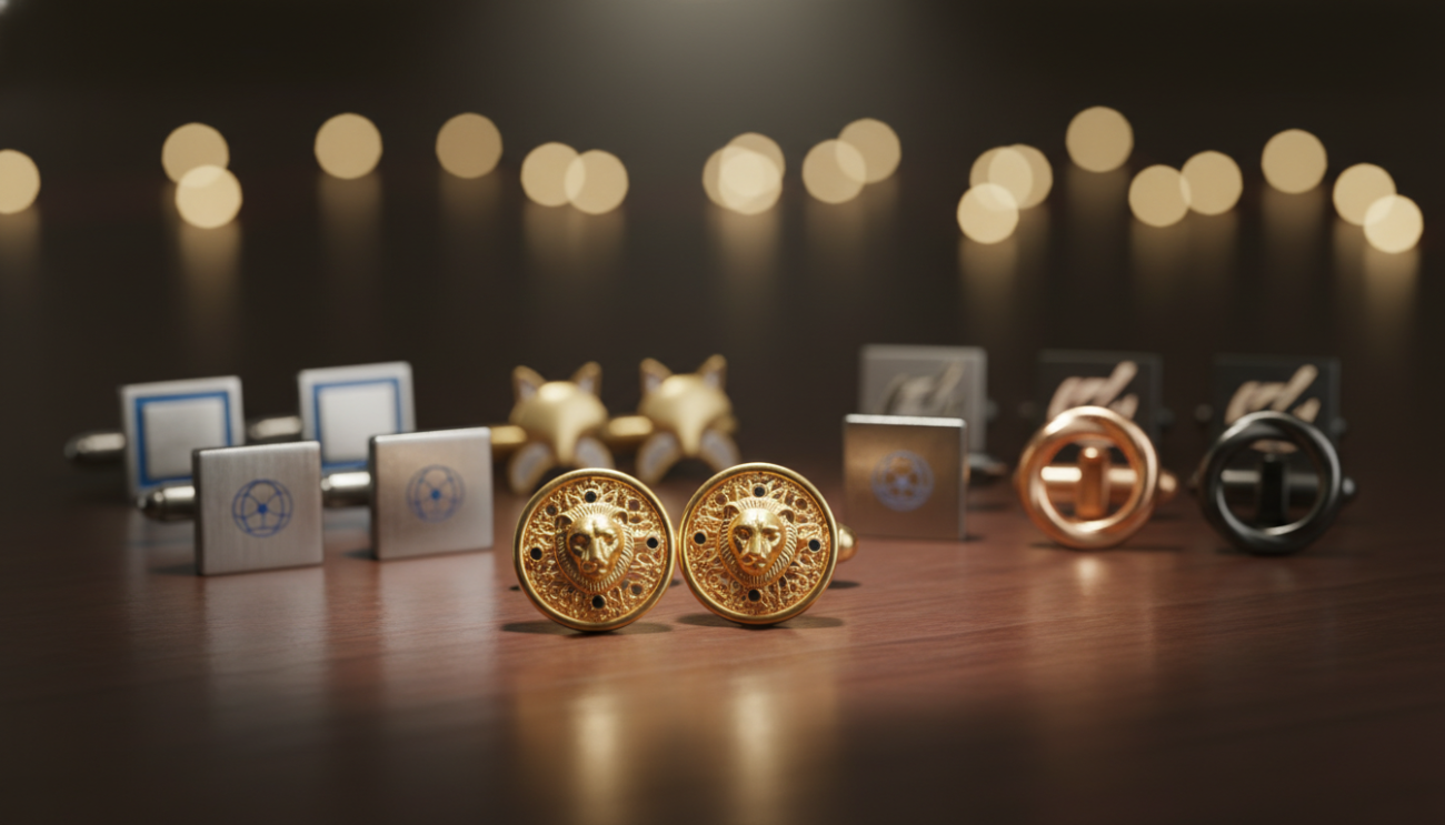 A stylish display of trendy cufflinks for men, showcasing a variety of designs: some are sleek and modern with geometric patterns, while others feature whimsical motifs like animals and sports. The foreground highlights a pair of luxurious cufflinks with intricate detailing, glistening under a soft spotlight. In the middle, an array of affordable yet fashionable cufflinks are arranged neatly, creating contrast with the luxurious ones. The background is elegantly blurred, evoking a sense of sophistication, perhaps with a dark wooden surface and a subtle bokeh effect for depth. The overall mood is refined yet playful, inviting viewers to appreciate both affordable and luxury options. The lighting is warm and inviting, emphasizing the craftsmanship of each item without distractions.