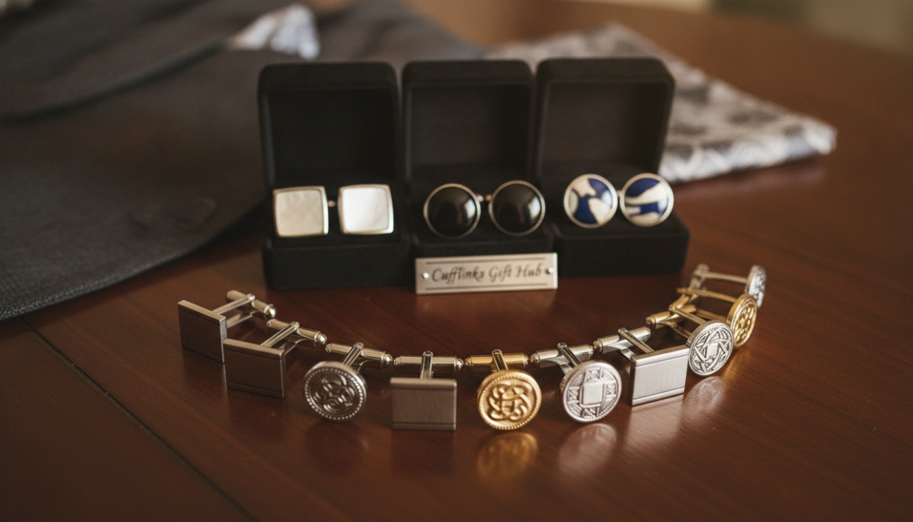 A stylish display of various wedding cufflink styles on a polished wooden surface. Foreground features an arrangement of elegant cufflinks, including classic silver and gold finishes, minimalist designs, and intricate patterns, all glimmering under soft, warm lighting. In the middle, a tasteful selection of cufflinks in different materials, like mother of pearl, onyx, and enamel, is showcased, symbolizing timeless elegance for diverse wedding scenarios. The background softly blurs into a luxurious fabric or suit display, evoking a refined atmosphere. The scene captures a sense of sophistication and warmth, appealing to grooms seeking the perfect cufflinks for their special day. The brand name "Cufflinks Gift Hub" is subtly incorporated into the design, enhancing the luxurious theme.