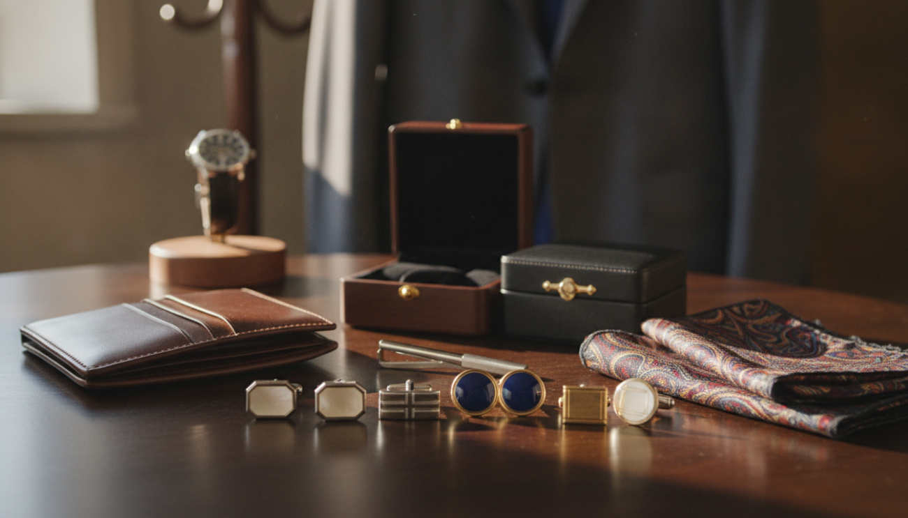 A stylish flat lay arrangement featuring a variety of elegant cufflinks and accessories on a rich wooden table. In the foreground, showcase an assortment of cufflinks in different materials: silver, gold, and enamel, arranged artfully next to a classic leather wallet and a silk pocket square. In the middle ground, include a polished metal tie clip and a pair of sophisticated cufflink boxes, hinting at their importance in men's fashion. The background should be softly blurred with an elegant watch and tailored suit jacket hanging on a coat rack, creating a refined atmosphere. Use warm, natural lighting to enhance the textures and colors, with a shallow depth of field to maintain focus on the cufflinks, evoking a sense of luxury and attention to detail in men's accessories.