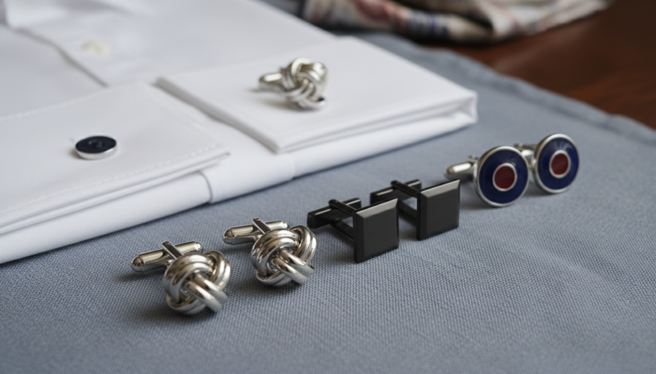 A stylish flat lay of elegant cufflinks arranged on a textured linen fabric background, showcasing various designs: classic silver knots, modern geometric shapes, and colorful enamel pieces. The foreground features a pair of cufflinks, glistening under soft, diffused lighting, emphasizing their intricate details. The middle section includes a neatly folded white dress shirt, with cuffs opened to display how the cufflinks complement the fabric perfectly. The background is softly blurred, featuring a sleek wooden table and a polished pocket square, creating a refined atmosphere. The mood is sophisticated and confident, ideal for a fashion-forward audience. The image captures the essence of current trends in cufflink fashion, focusing on elegance and versatility.