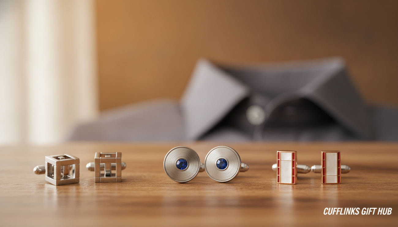 A stylish flat lay of elegant cufflinks from the Cufflinks Gift Hub collection, showcasing a variety of designs including modern geometric shapes, classic silver finishes, and vibrant colored accents. In the foreground, focus on several pairs of cufflinks arranged neatly on a textured wooden surface, illuminated by soft, natural light that highlights their intricate details and craftsmanship. The middle ground features a blurred, monochromatic dapper shirt to emphasize the cufflinks' connection to everyday wear in a professional setting. The background should be a subtle gradient in warm tones, creating an inviting atmosphere. The overall mood conveys sophistication and versatility, ideal for any stylish individual's accessory collection.