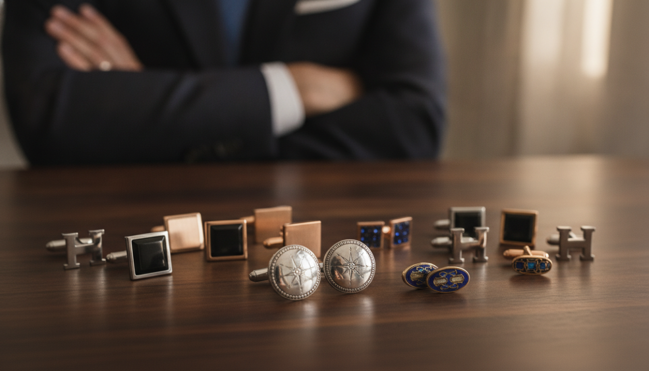 A stylish flat lay of various cufflinks arranged elegantly on a polished wooden surface. The cufflinks should showcase a variety of materials and designs—some in classic silver, others with intricate enamel patterns, and a few featuring gemstones. In the foreground, include a pair of cufflinks prominently displayed, catching soft natural light to emphasize their craftsmanship. The middle ground should feature additional cufflinks artfully arranged, while a blurred silhouette of a well-dressed man in a tailored suit can be seen in the background, suggesting the cultural significance of cufflinks in fashion. The overall mood should evoke sophistication and timeless style, with warm, inviting lighting that highlights the details of the accessories.