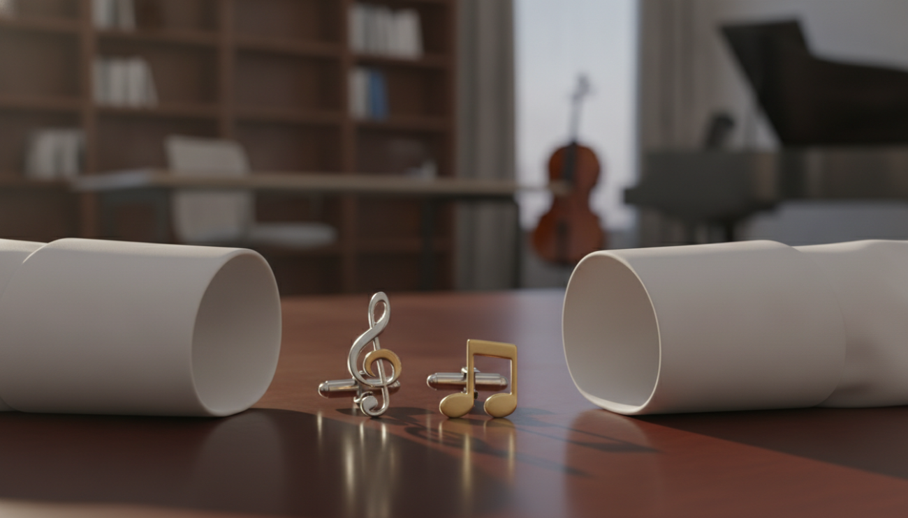 A stylish pair of music-themed cufflinks, shaped like treble clefs and music notes, prominently displayed in the foreground on a dark, polished wooden surface. The cufflinks gleam softly with a silver and gold finish, reflecting ambient light. In the middle, an elegant white dress shirt is slightly rolled back at the cuffs, showcasing the cufflinks against sleek fabric. The background features a subtle blurred arrangement of a chic office setting with a hint of musical instruments, creating a creative yet professional atmosphere. Warm, diffused lighting casts soft shadows, enhancing the luxurious feel of the cufflinks. The overall mood conveys a sense of confidence and refined self-expression suited for stylish professionals who appreciate music.