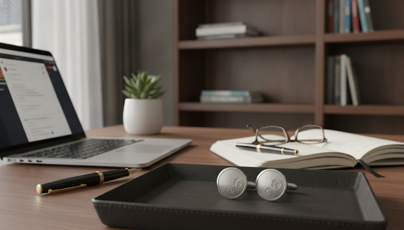 A stylish workspace featuring a close-up view of sophisticated accessories for cufflink wearers. In the foreground, prominently display a pair of elegant novelty cufflinks, reflecting light subtly, showcasing intricate designs suitable for a professional setting. In the middle ground, an organized desk with a sleek laptop, a polished pen, and an open notebook, all emphasizing an atmosphere of productivity. The background includes soft-focus elements like a bookshelf filled with business books and a small decorative plant, enhancing the warm and inviting mood. Utilize natural lighting to create a balanced and bright ambiance, shot from a slightly elevated angle to highlight the accessories and workspace arrangement.