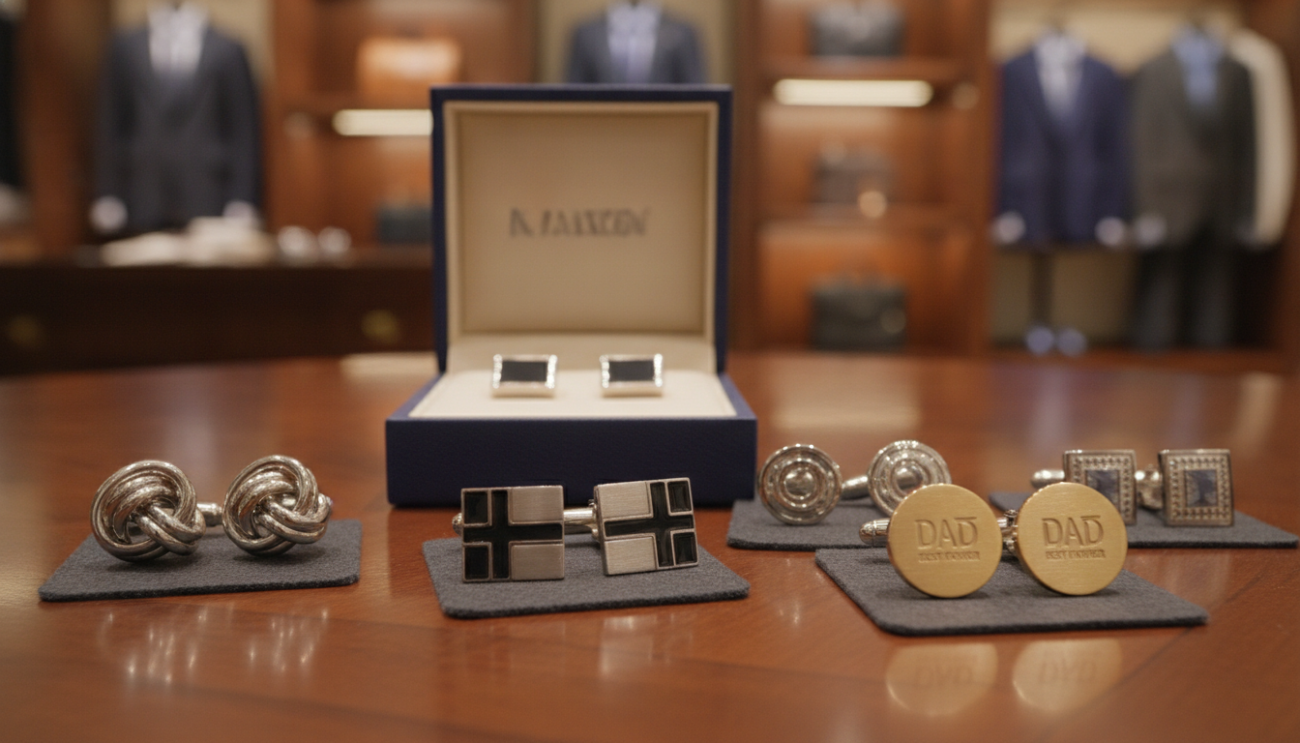 A tasteful display of elegant cufflinks suitable for Father's Day, presented on a sleek wooden surface. In the foreground, showcase various styles of cufflinks, including classic silver knots, modern geometric designs, and personalized engraved options, each reflecting their unique craftsmanship. The middle ground features a luxurious gift box partially open, revealing a soft velvet lining that enhances the cufflinks' allure. The background comprises a blurred image of a high-end boutique setting, with soft lighting casting a warm glow, creating an inviting atmosphere. Use a shallow depth of field to focus sharply on the cufflinks while softly blurring the surroundings, evoking a sense of sophistication and elegance, ideal for a Father's Day gift guide.