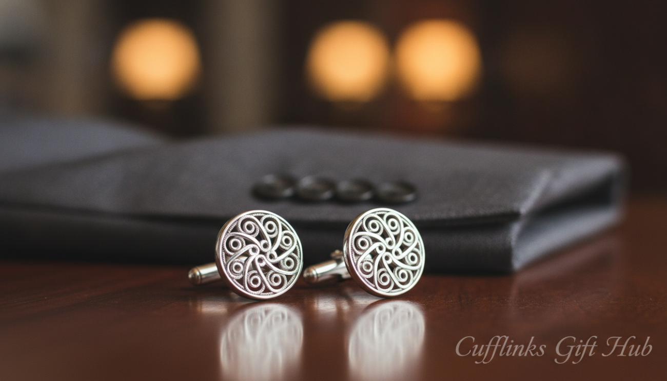 An elegant arrangement of premium men's cufflinks, emphasizing craftsmanship and sophistication. In the foreground, showcase a pair of finely detailed silver cufflinks with an intricate filigree design, placed on a rich, dark wooden surface. In the middle ground, a blurred view of a well-tailored suit jacket adorned with complementary cuff buttons, highlighting the contrast between cufflinks and traditional buttons. The background includes softly glowing ambient lighting, evoking a warm, upscale atmosphere ideal for professionals. Use a shallow depth of field to keep the cufflinks sharp and in focus, while the suit and background gently fade, enhancing the cufflinks' prominence. Capture the essence of luxury and professionalism, branding the image subtly with “Cufflinks Gift Hub” in mind.