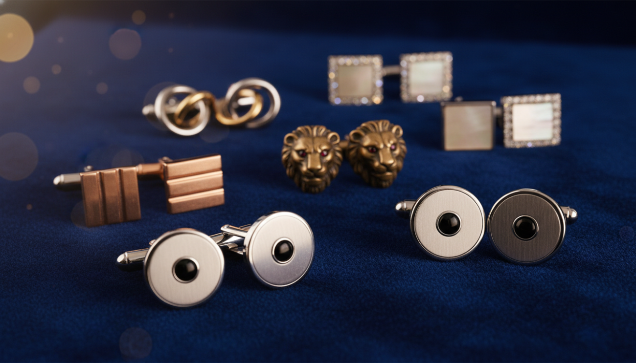 An elegant display of black tie cufflinks on a luxurious velvet background, highlighting a variety of styles and materials such as silver, gold, and ornate designs. In the foreground, a pair of classic, polished cufflinks glimmers under soft, focused lighting, casting delicate shadows. In the middle ground, additional cufflinks in different shapes and textures are artfully arranged for comparison, showcasing their exquisite craftsmanship. The background is a rich, deep color that enhances the overall sophistication, with subtle bokeh effects to create a sense of depth. The mood is refined and classy, inviting the viewer to appreciate the elegance of cufflinks suitable for a black tie event. The composition should be captured from a slightly angled top-down view to provide clarity and visual interest.