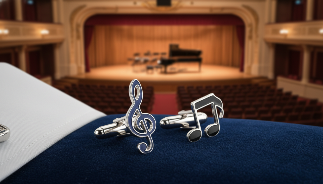 An elegant pair of music cufflinks takes center stage, designed to resemble a treble clef and music notes, crafted from polished silver and embellished with tasteful enamel detailing. The foreground showcases the cufflinks on a soft, dark velvet background, enhancing their shine and intricate design. In the middle, a tailored white dress shirt is subtly visible, where the cufflinks would be worn, suggesting a sophisticated business setting. The backdrop features a softly blurred classic concert hall, evoking an atmosphere of musical inspiration and creativity. The lighting is warm and inviting, with gentle highlights accentuating the cufflinks' craftsmanship. The overall mood is confident and artistic, appealing to individuals who express their passion for music through stylish accessories.