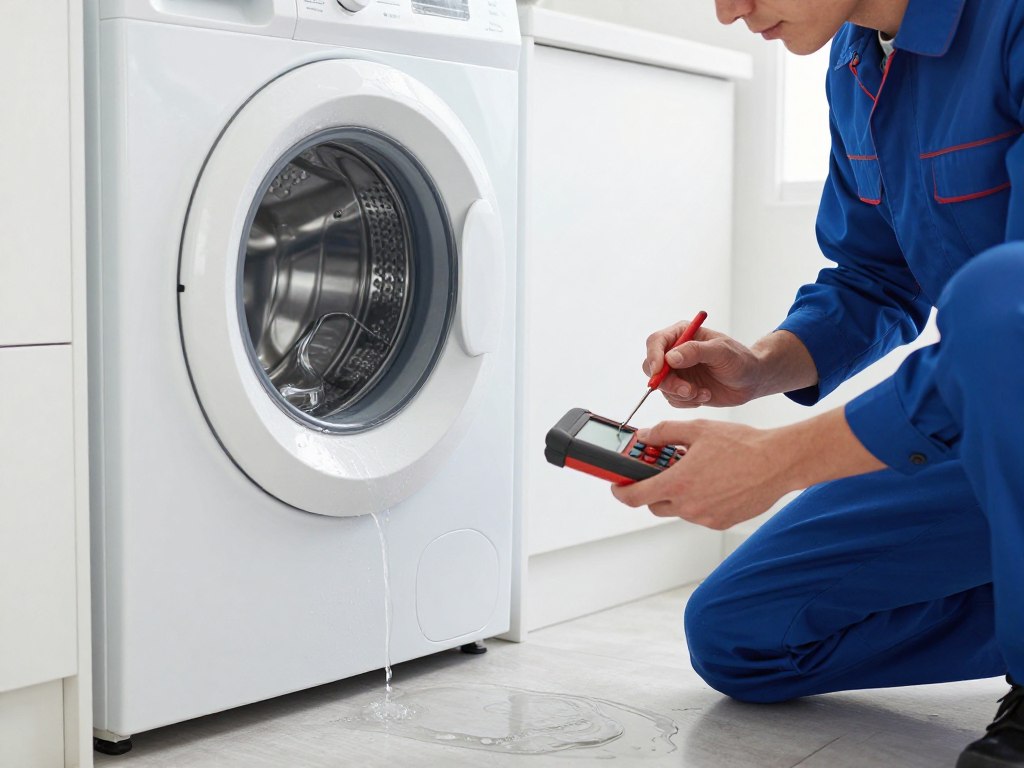 Appliance repair in London includes fixing a broken washing machine with water leak being inspected by repair engineer