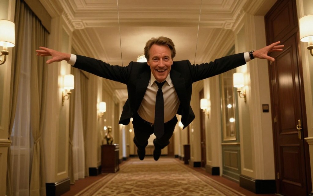 Christopher Walken mid-flight during the flying sequence in Weapon of Choice video