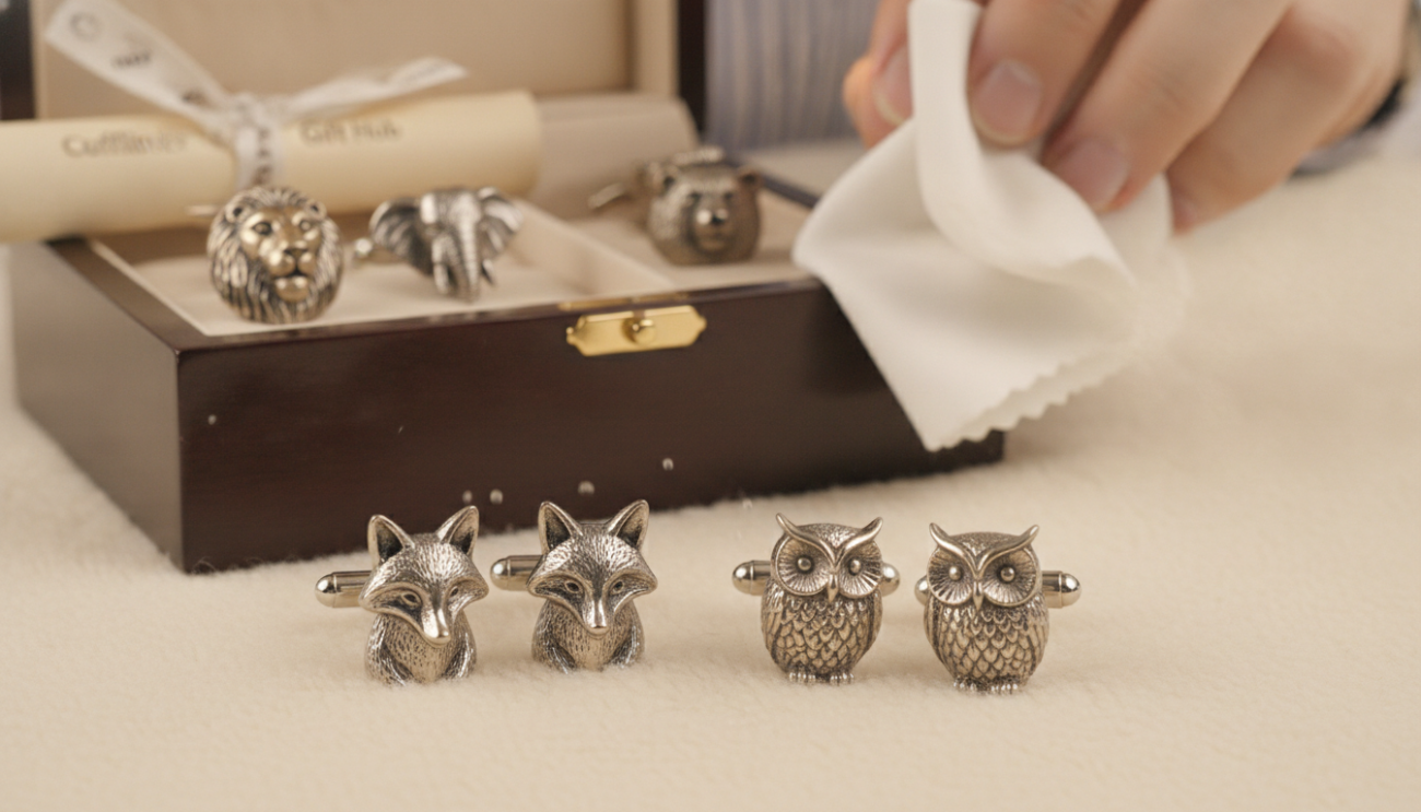 Close-up image of premium animal cufflinks, intricately designed and featuring various animal motifs, displayed elegantly on a soft, textured fabric background. In the foreground, a pair of shiny cufflinks shaped like elegant foxes and sophisticated owls, showcasing their detailed craftsmanship. In the middle, a gentle hand wearing a polished, professional business shirt is carefully polishing one of the cufflinks with a soft cloth, emphasizing the care and maintenance aspect. The background subtly includes a minimalistic wooden jewelry box partially open, enhancing the luxurious feel. Soft, diffused lighting casts a warm glow, highlighting the intricate details of the cufflinks and creating an inviting, refined atmosphere. Brand name "Cufflinks Gift Hub" subtly integrated into the setting without text.