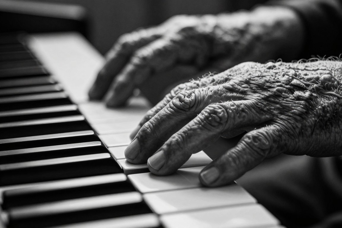 Close-up of Johnny Cash's weathered hands on piano keys in Hurt video