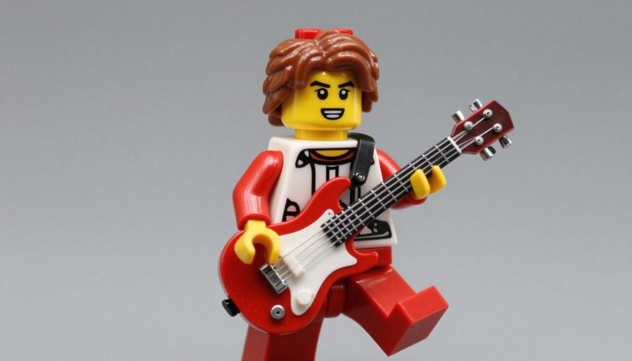 Close-up of LEGO Jack White mid-performance from the music video animation