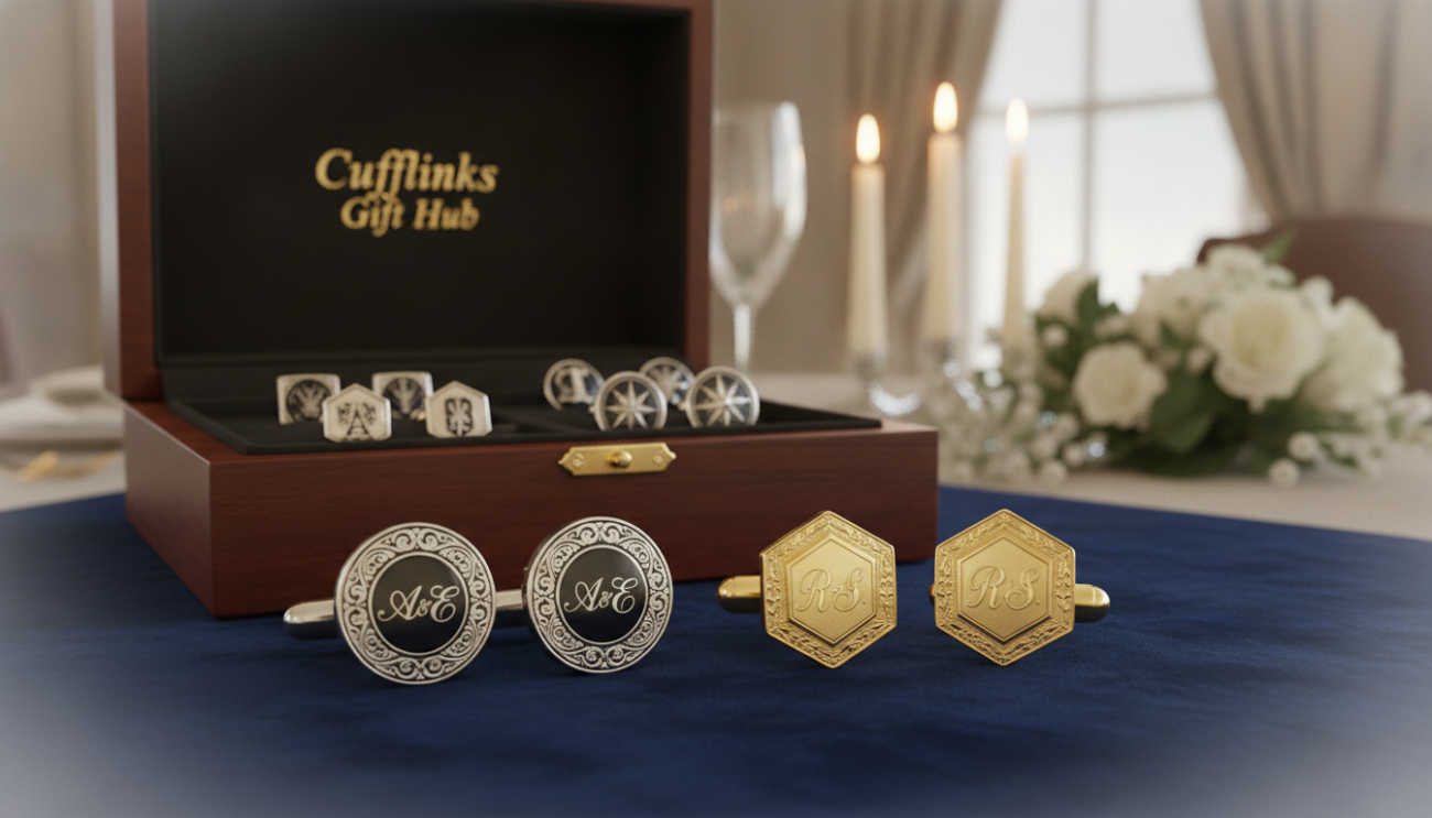 Custom engraved cufflinks featuring intricate designs, showcasing elegant monograms and fine details in polished metal. In the foreground, there are two pairs of cufflinks resting on a soft, luxurious velvet surface, one pair gleaming in silver and the other in gold. In the middle, a beautifully crafted wooden cufflink box is partially open, revealing more customizable designs. The background is softly blurred, suggesting an elegant wedding setting with soft candlelight illuminating the scene. The lighting is warm and inviting, with a slight soft focus effect to emphasize sophistication. The image conveys a mood of timeless elegance and personalization, highlighting the brand name "Cufflinks Gift Hub" subtly featured on the cufflink box. The composition is taken from a slightly elevated angle to capture both the cufflinks and the ambiance.