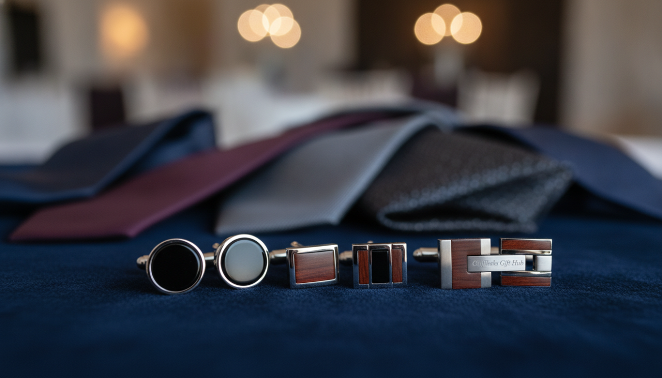Elegant mens wedding cufflinks displayed prominently in a soft-focus foreground, showcasing exquisite materials such as polished silver, sleek onyx, and rich mahogany. The cufflinks are arranged artistically on a simple, dark velvet fabric to enhance their shine and texture. In the middle ground, a blurred array of groomsmen accessories, such as ties and pocket squares, provide a subtle context, suggesting sophistication and style. The background features a warm, softly lit environment evoking an upscale wedding atmosphere, with soft bokeh highlights. The lighting is diffused and balanced, emphasizing the intricate details of each cufflink. The composition is captured with a macro lens to highlight craftsmanship, branded subtly as "Cufflinks Gift Hub" within the cufflink design. The overall mood is refined and elegant, reflecting an air of sophistication essential for the modern groom.