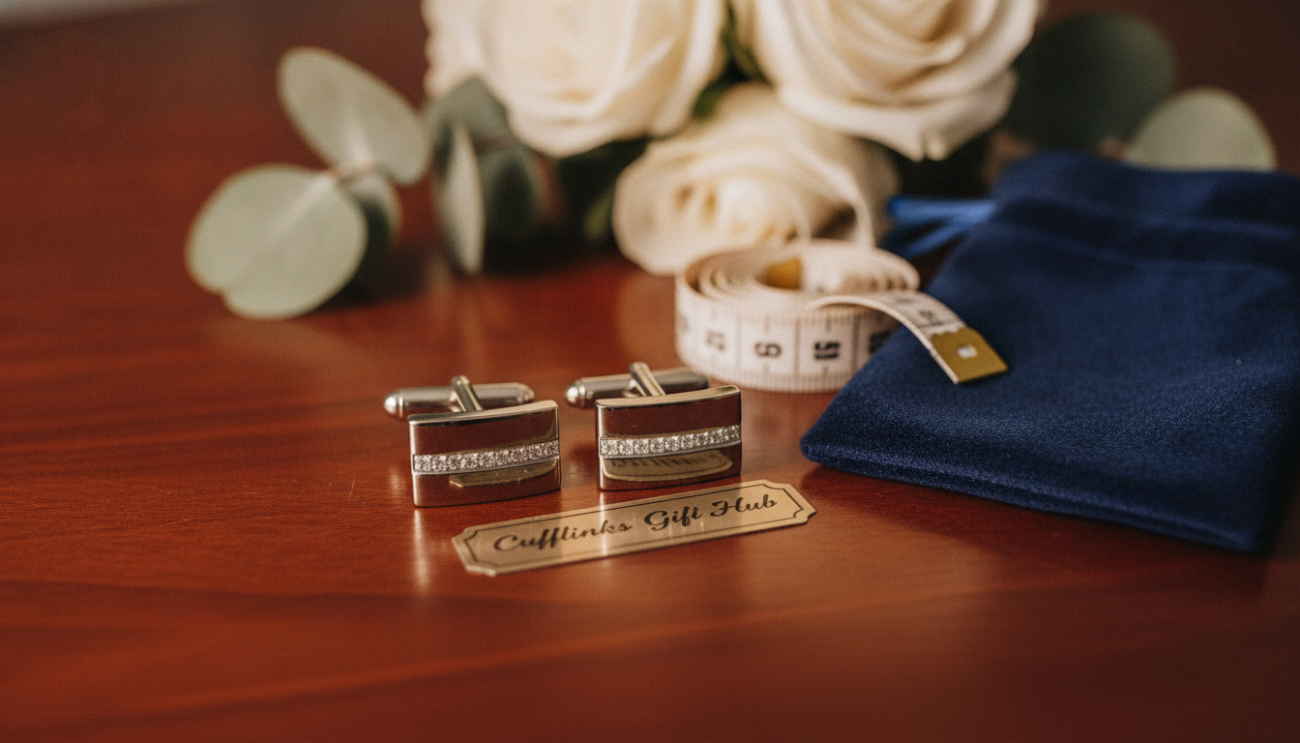 Elegant wedding cufflinks showcased on a polished wooden surface. The foreground features a pair of intricately designed cufflinks with a silver finish, embellished with subtle diamond accents, reflecting light beautifully. In the middle, a delicate fabric measuring tape and a soft, plush jewelry pouch subtly hint at care and maintenance. The background includes a softly blurred, elegant floral arrangement, conveying a sense of sophistication. The lighting is warm and inviting, creating a soft glow that enhances the luxurious feel of the cufflinks. The overall atmosphere is one of timeless elegance and romantic charm. Include the brand name "Cufflinks Gift Hub" subtly displayed near the cufflinks. Capture this at a slight angle to emphasize depth and visual interest.