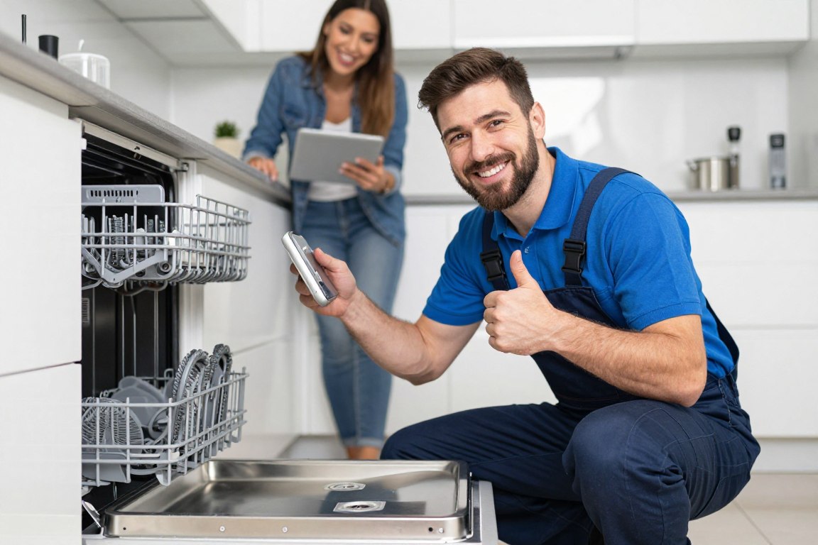 Engineer completing dishwasher repair in London home