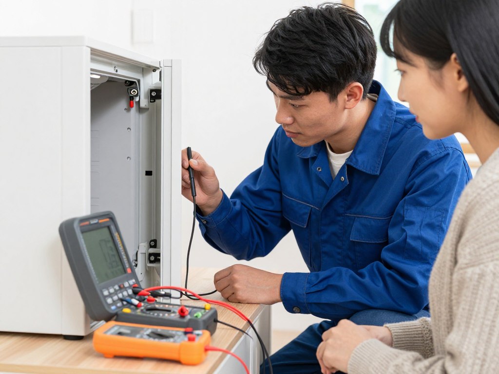 Engineer diagnosing appliance problem with diagnostic tools