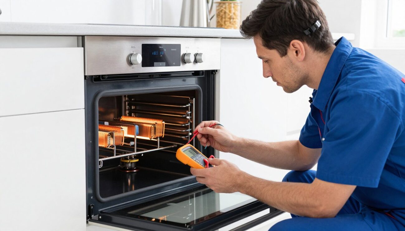 Engineer repairing electric oven in London home