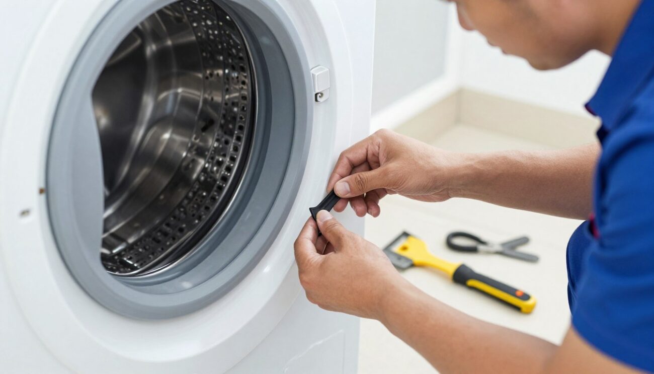 Engineer replacing washing machine door seal in London home
