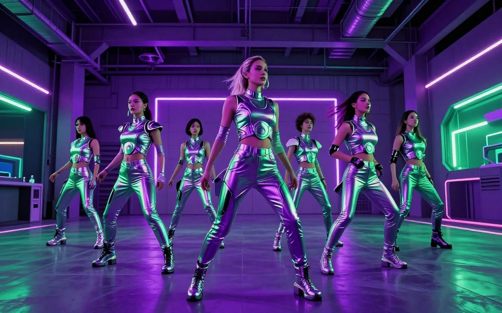 Futuristic dance scene from Missy Elliott's Work It with neon lighting and synchronized performers