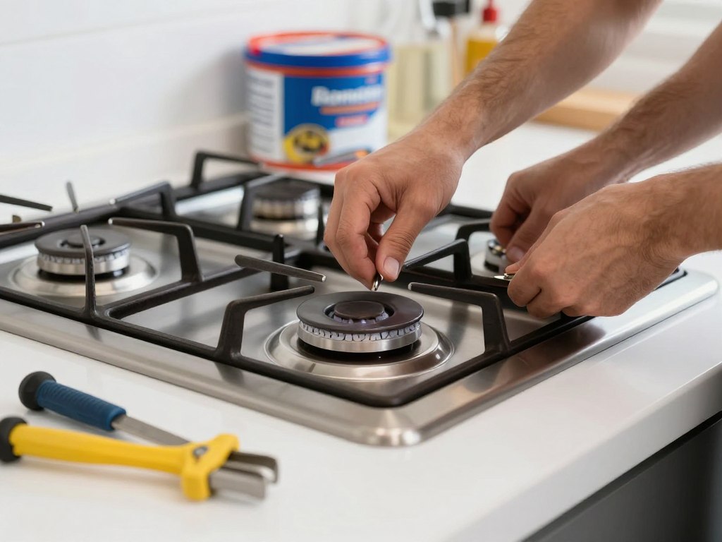 Gas cooker hob repair with engineer checking burners