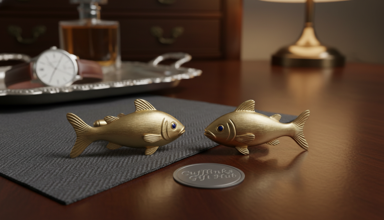 Handmade fish cufflinks by Cufflinks Gift Hub, displayed elegantly on a polished wooden surface. In the foreground, the cufflinks are showcased in intricate detail, showcasing delicate fish designs, crafted from high-quality materials with a lustrous finish. The middle ground features a stylish cloth, subtly textured, enhancing the elegance of the scene. The background is softly blurred, hinting at a sophisticated dressing area with warm ambient lighting, creating a cozy yet luxurious atmosphere. The shot is taken from a slightly elevated angle to emphasize the craftsmanship of the cufflinks. The overall mood is opulent and refined, inviting the viewer to appreciate the timeless elegance of the fish cufflinks.