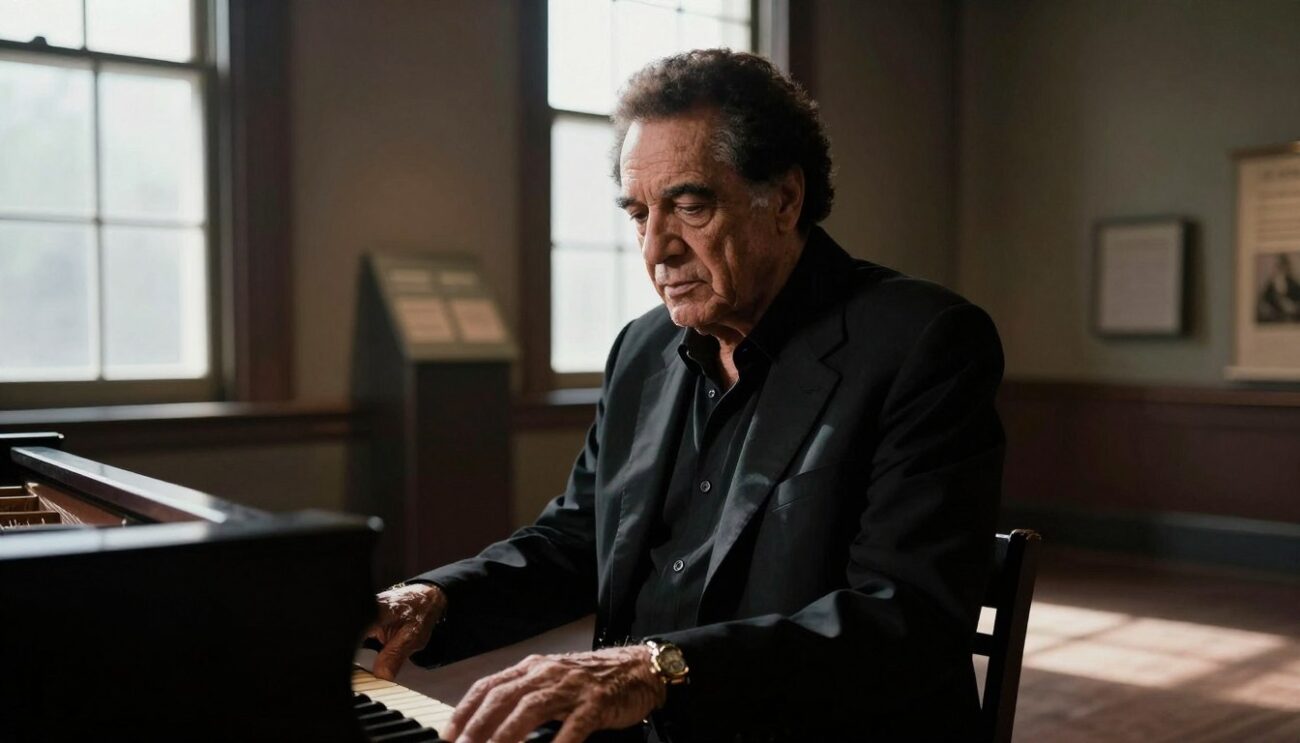 Johnny Cash sitting at piano in museum for Hurt music video looking contemplative