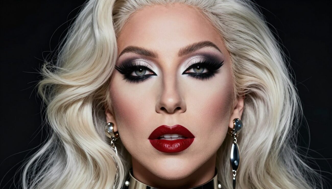 Lady Gaga in futuristic costume from Bad Romance with dramatic makeup and avant-garde styling