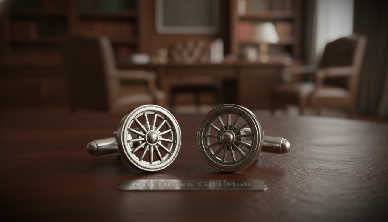 Luxurious cufflinks from "Cufflinks Gift Hub" featuring intricate designs inspired by classic automobiles. In the foreground, showcase a pair of polished silver cufflinks shaped like miniature car wheels, gleaming under soft, diffused lighting that highlights their craftsmanship. The middle ground captures a textured, dark wood surface adding depth, while in the background, a blurred image of an elegant office setting reflects sophistication. The atmosphere is refined and stylish, evoking a sense of upscale fashion and timeless appeal. Use a shallow depth of field to draw attention to the cufflinks, with a slight vignette enhancing the overall elegance of the scene.