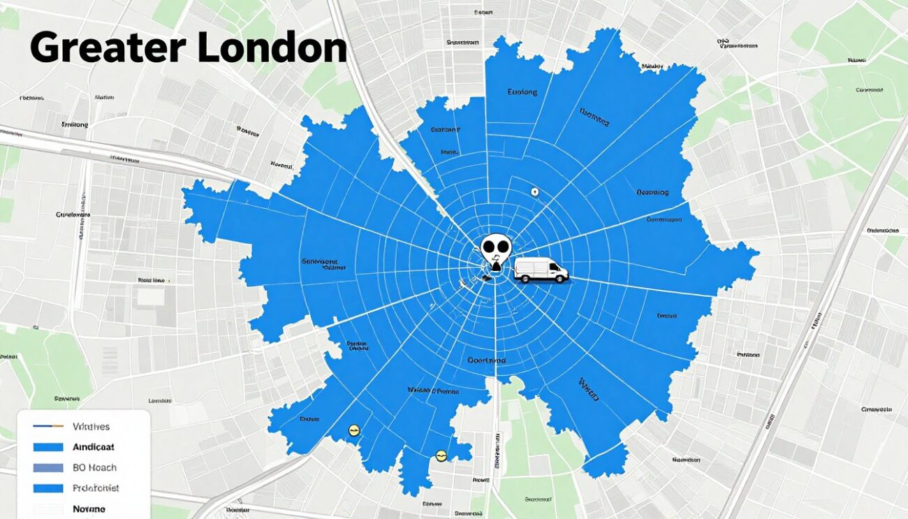 Map of London showing appliance repair service coverage areas