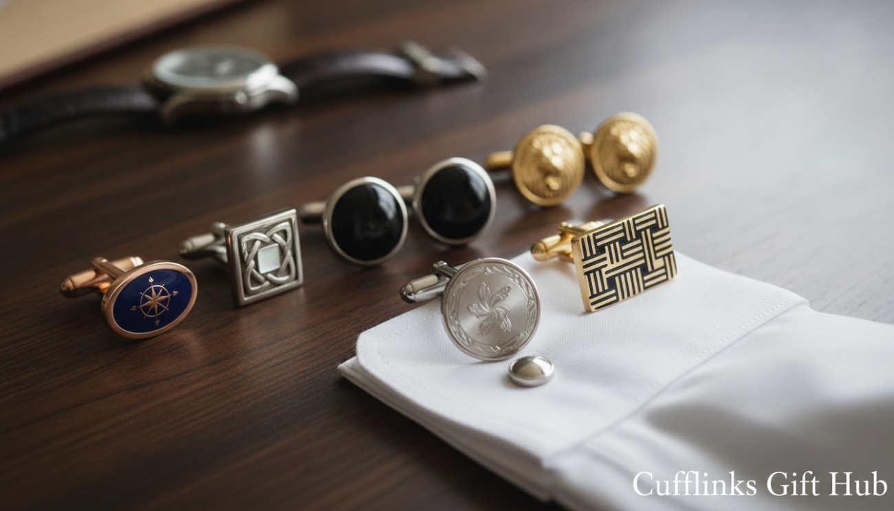 Mens cuff links displayed prominently in an elegant close-up shot, showcasing a variety of designs that reflect timeless elegance. The cuff links include polished silver, gold, and enamel finishes, featuring intricate patterns such as floral motifs and geometric shapes. In the foreground, a well-tailored white dress shirt with French cuffs is partially visible, adding sophistication. The background is softly blurred, highlighting a luxurious wooden desk and a subtle hint of a classy watch, evoking a refined atmosphere. Soft, diffused lighting emphasizes the shine of the metals, while a shallow depth of field draws attention to the cuff links. Capture the style and elegance of cuff links from "Cufflinks Gift Hub," illustrating current trends in design while maintaining a chic and professional ambiance.