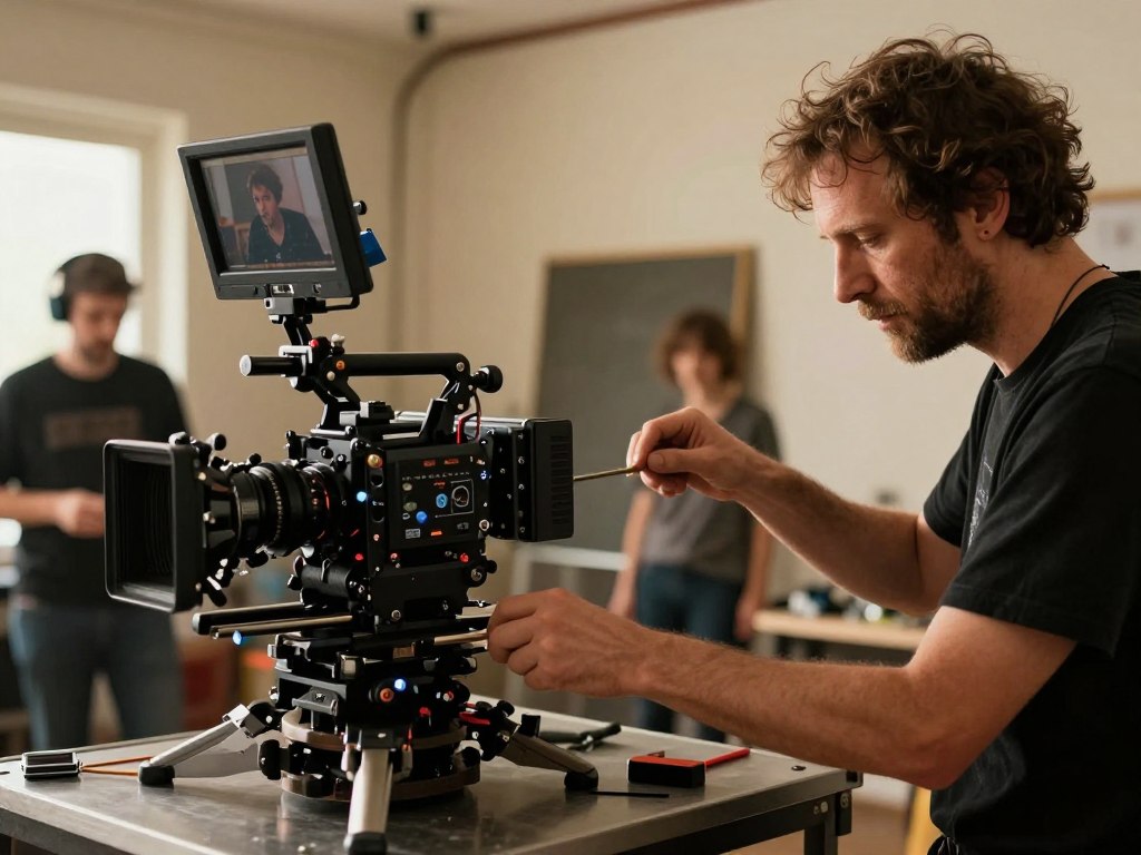 Michel Gondry behind the camera directing a music video with his characteristic inventive setup