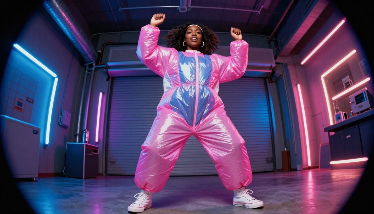 Missy Elliott in futuristic trash bag outfit from Work It music video performing choreography