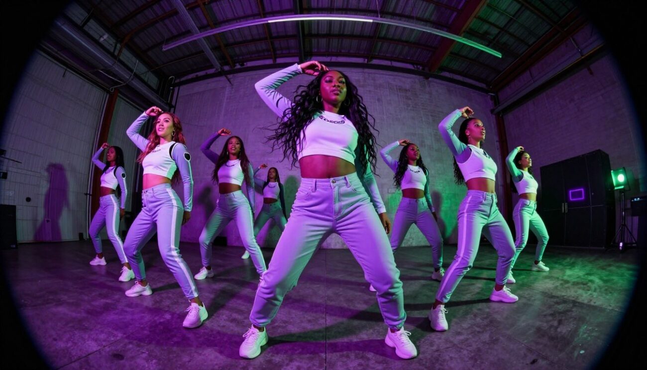 Missy Elliott with dancers in surreal setting from Work It video with fisheye lens effect