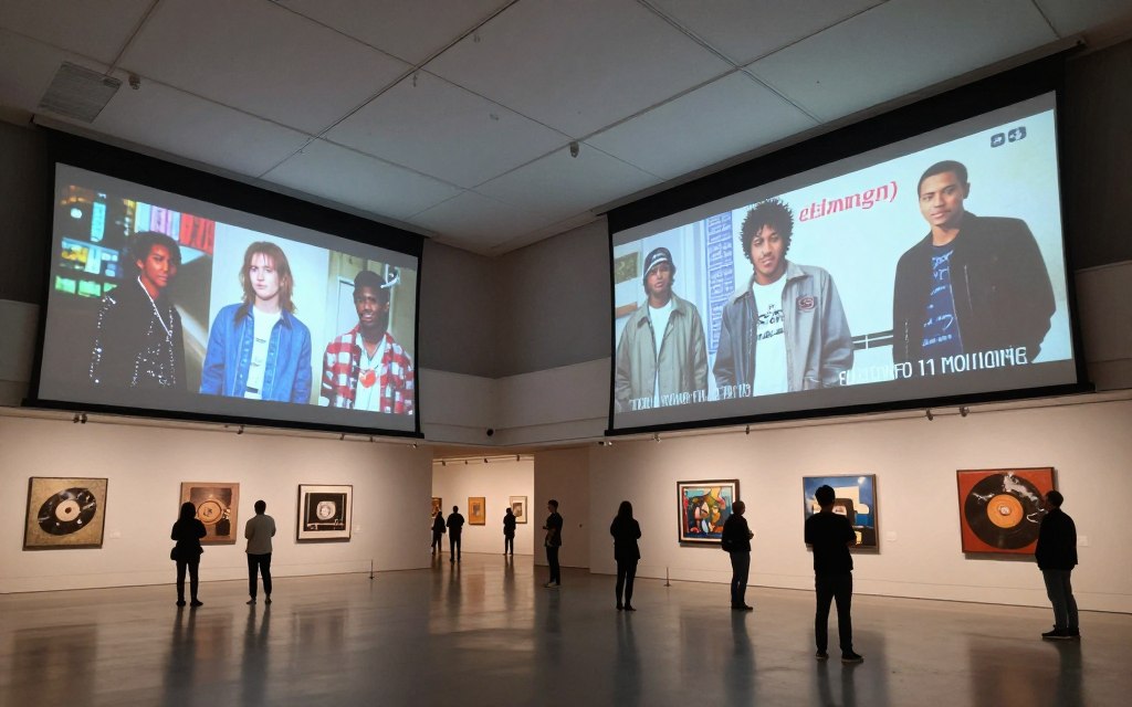 Music video exhibition in modern art museum showing 2000s era clips as cultural artifacts
